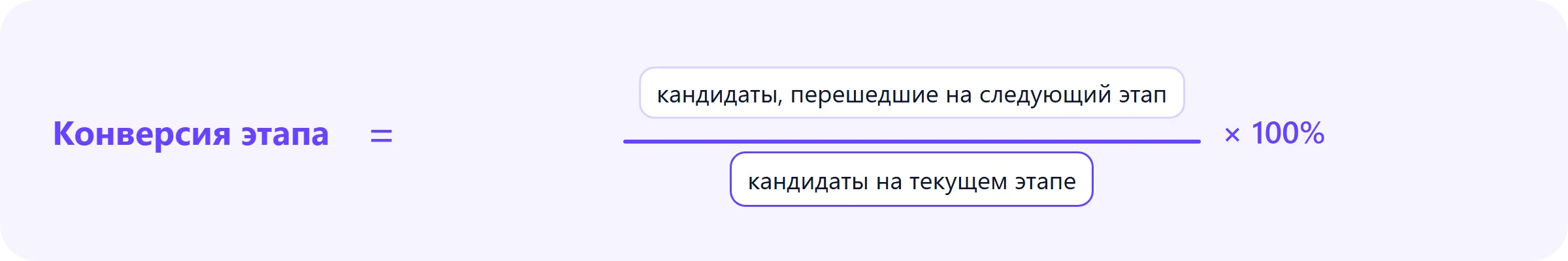 Формула: конверсия этапа = кандидаты, перешедшие на следующий этап / кандидаты на текущем этапе × 100%